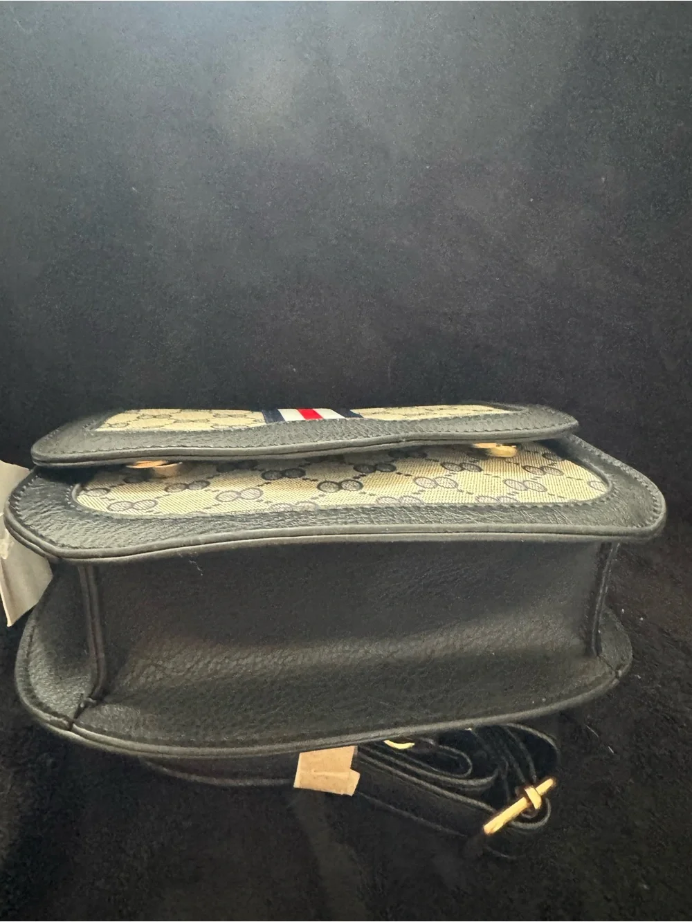 Black Patterned Crossbody Bag with Red-White-Blue Stripe vegan leather